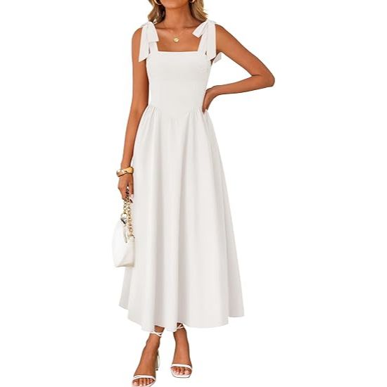 Women's Boho Square Neck Backless Spaghetti Strap Maxi Dress with Pockets
