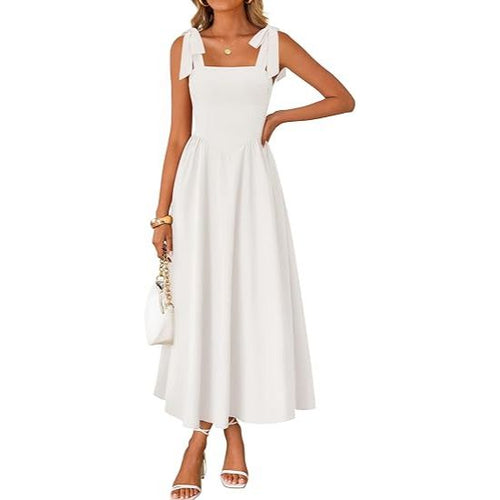 Women's Boho Square Neck Backless Spaghetti Strap Maxi Dress with Pockets