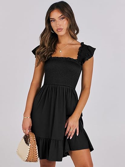 Women's Square Neck Ruffle Sleeve Backless High Waist dress