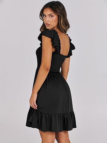Women's Square Neck Ruffle Sleeve Backless High Waist dress