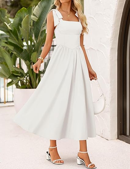 Women's Boho Square Neck Backless Spaghetti Strap Maxi Dress with Pockets