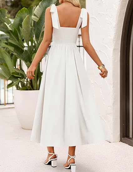 Women's Boho Square Neck Backless Spaghetti Strap Maxi Dress with Pockets