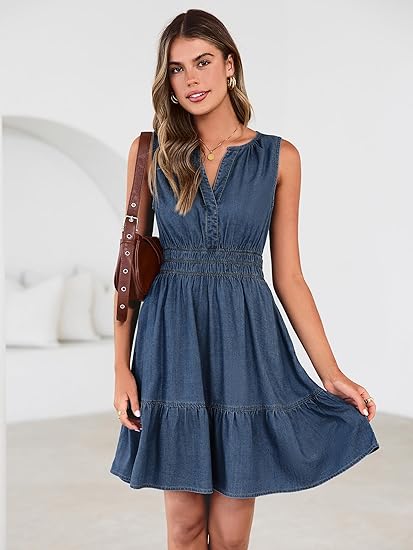 Women's Sleeveless V-Neck Lyocell Denim A-Line Dress