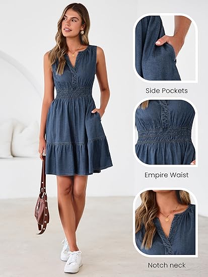 Women's Sleeveless V-Neck Lyocell Denim A-Line Dress